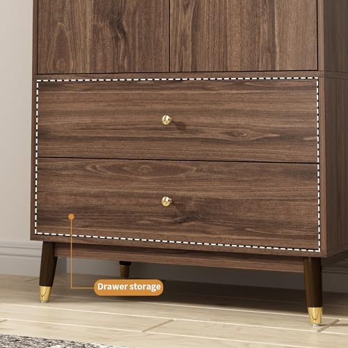Brown Wooden Wardrobe Armoire with 2 Doors, 2 Drawers, Hanging Rod V70593