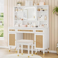 White Rattan Makeup Vanity Desk with Mirror and Lights and Stool L649650