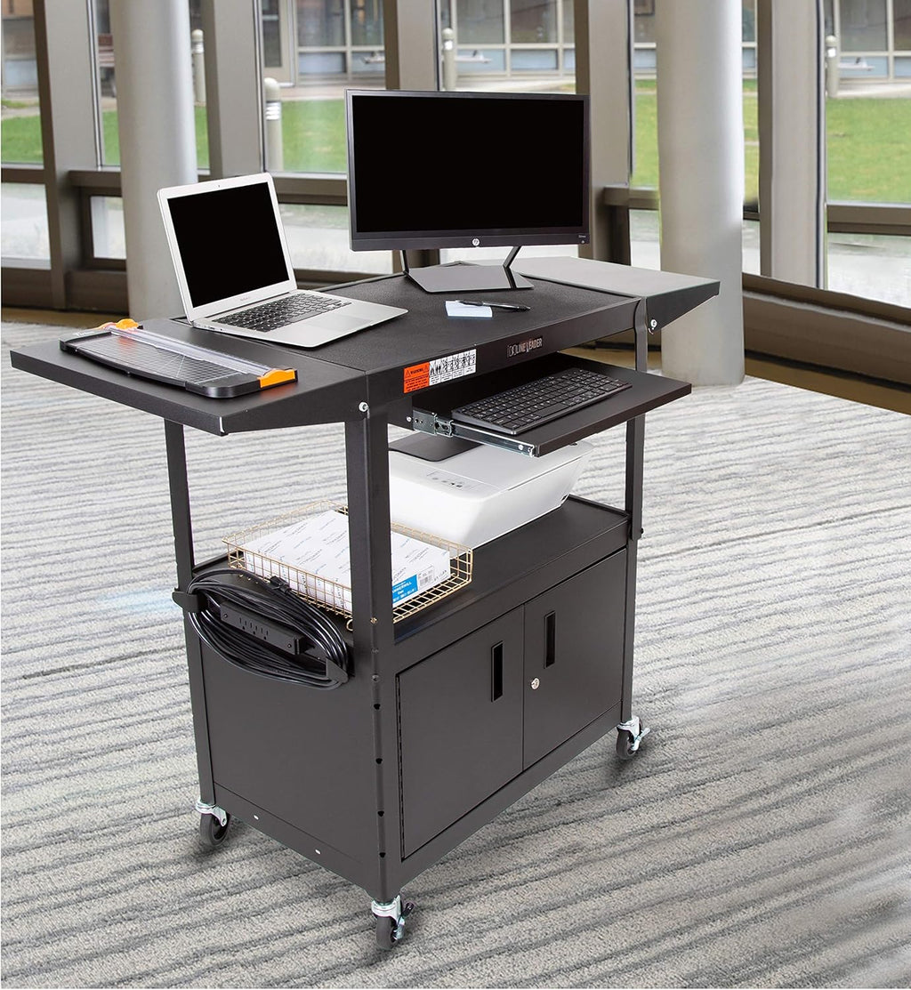 Large AV Cart with Locking Cabinet & Drop Leaves, Height Adjustable Utility Cart, Includes Pullout Keyboard Tray & Cord Management (54in x 18in x 42in / Black) Y6875