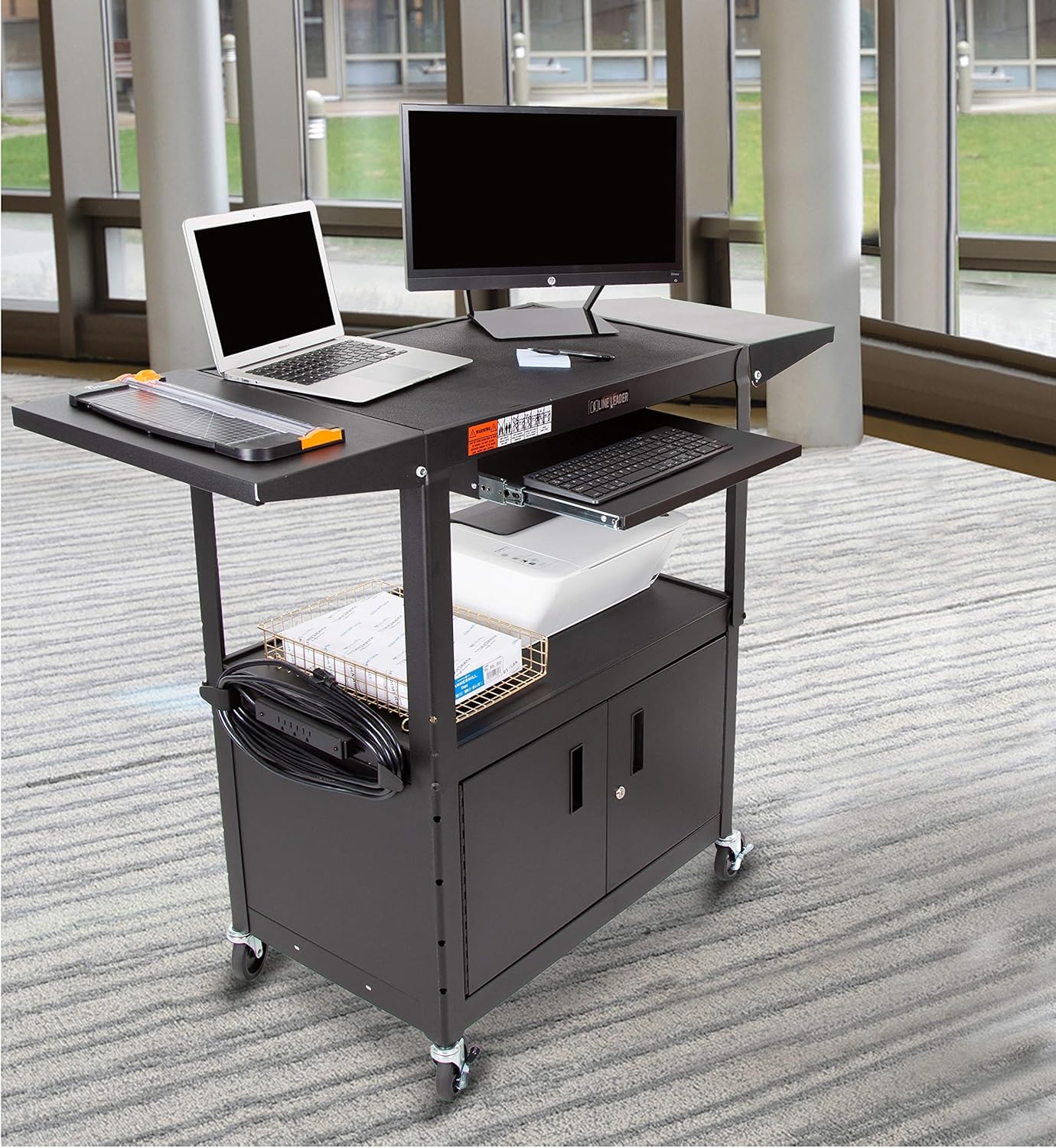Large AV Cart with Locking Cabinet & Drop Leaves, Height Adjustable Utility Cart, Includes Pullout Keyboard Tray & Cord Management (54in x 18in x 42in / Black) Y6875