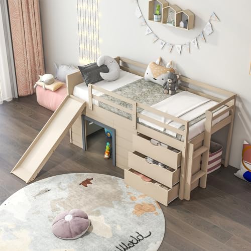 Twin Low Loft Bed with 3 Storage Drawers, Wood Loft Bed with Slide, Ladder, Guardrails E140607