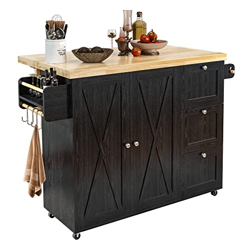 Black Rolling Kitchen Island Cart with Drop-Leaf Countertop, 3 Drawers, Rubberwood Top, on Wheels I767