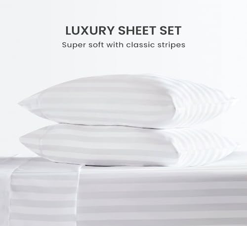 100% Egyptian Cotton King Size 4 Piece Bed Sheet Set White Stripe E535383