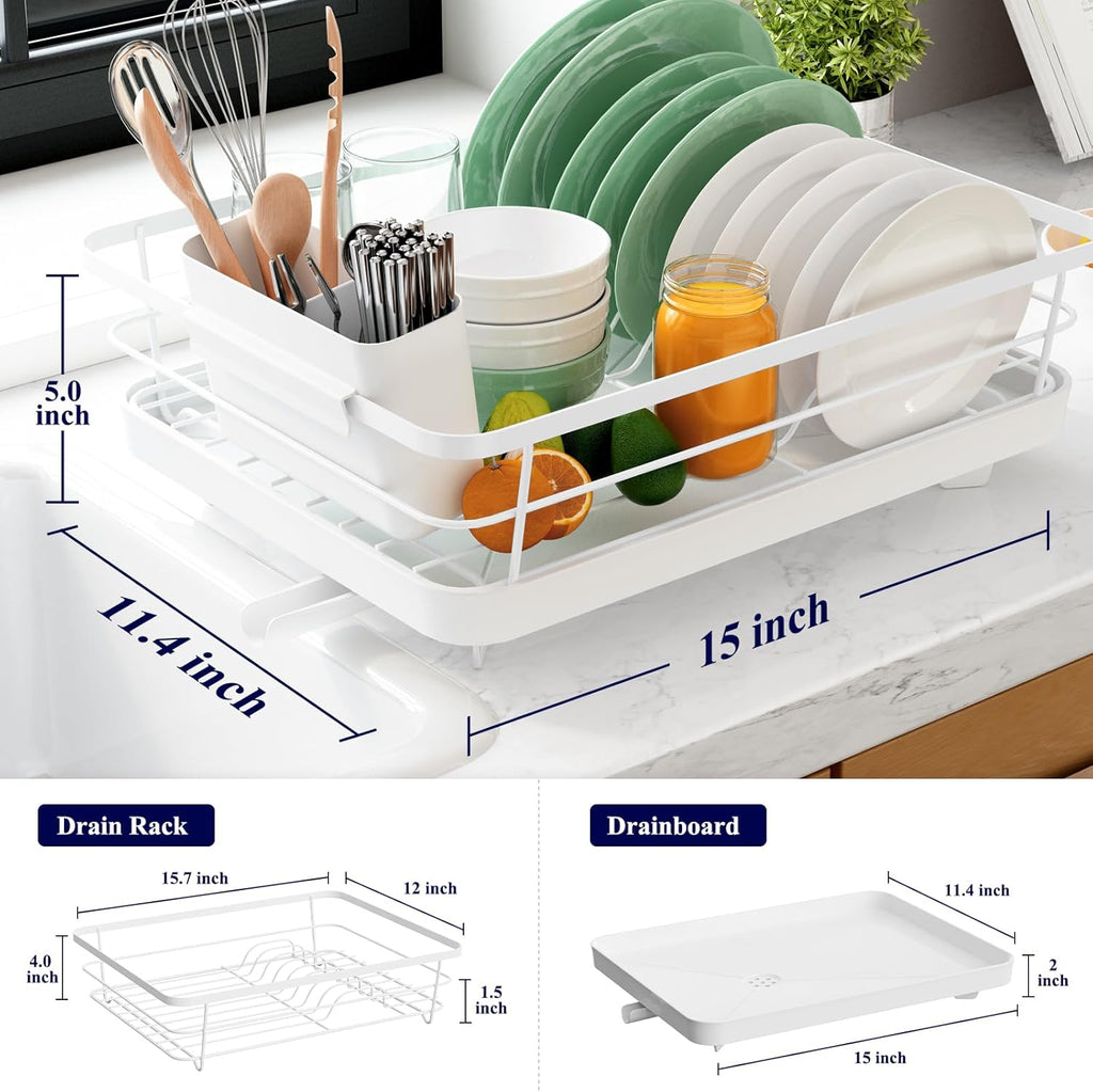 White Stainless Steel Dish Drying Rack with Cutlery Holder O8755