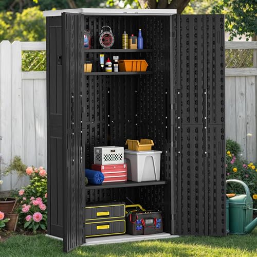 Outdoor Storage Cabinet with 2 Shelves, Waterproof Resin Lockable 15 cu. ft. Storage Shed, Dark Gray P176324