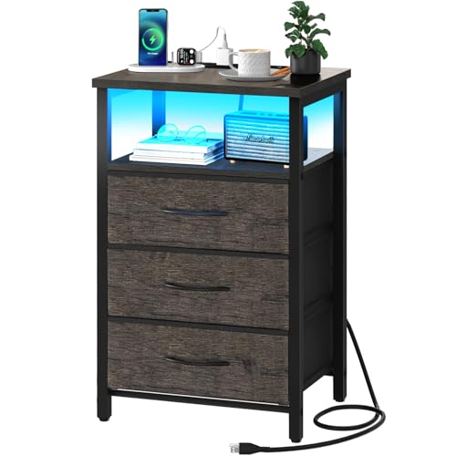 Grey Nightstand with 3 Fabric Drawers and Charging Station C832