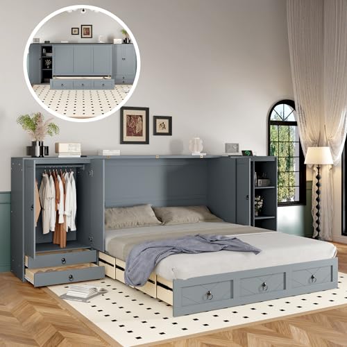 White Solid Pine Queen Size Murphy Bed with USB and Drawers I48089