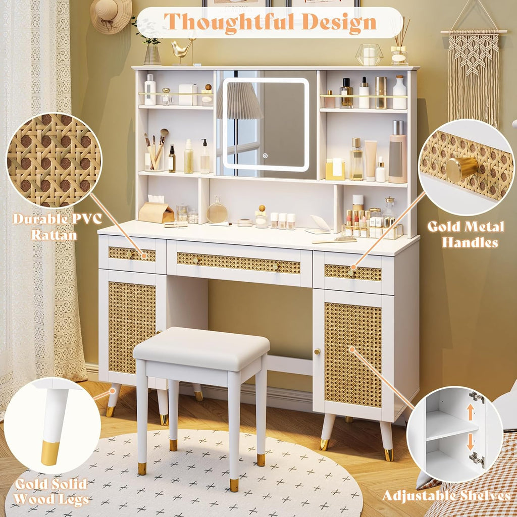 White Rattan Makeup Vanity Desk with Mirror and Lights and Stool L649650