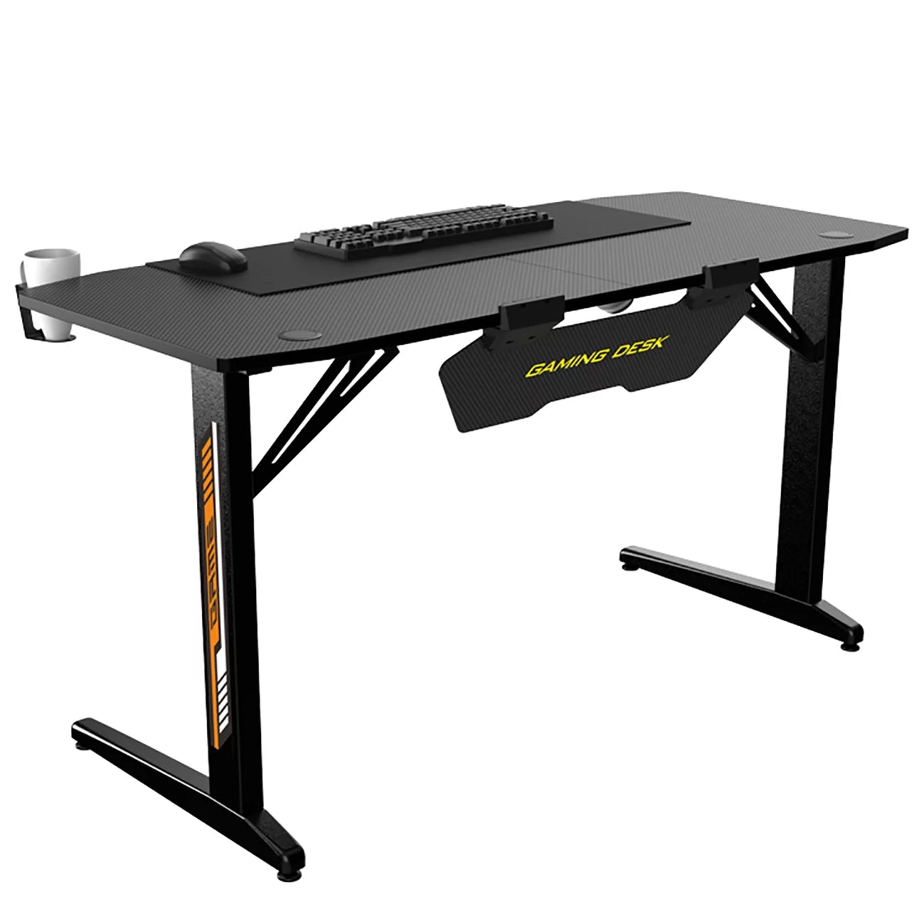 Black Ergonomic Gaming Desk with Headphone Holder, Cup Holder, Mouse Pad A155
