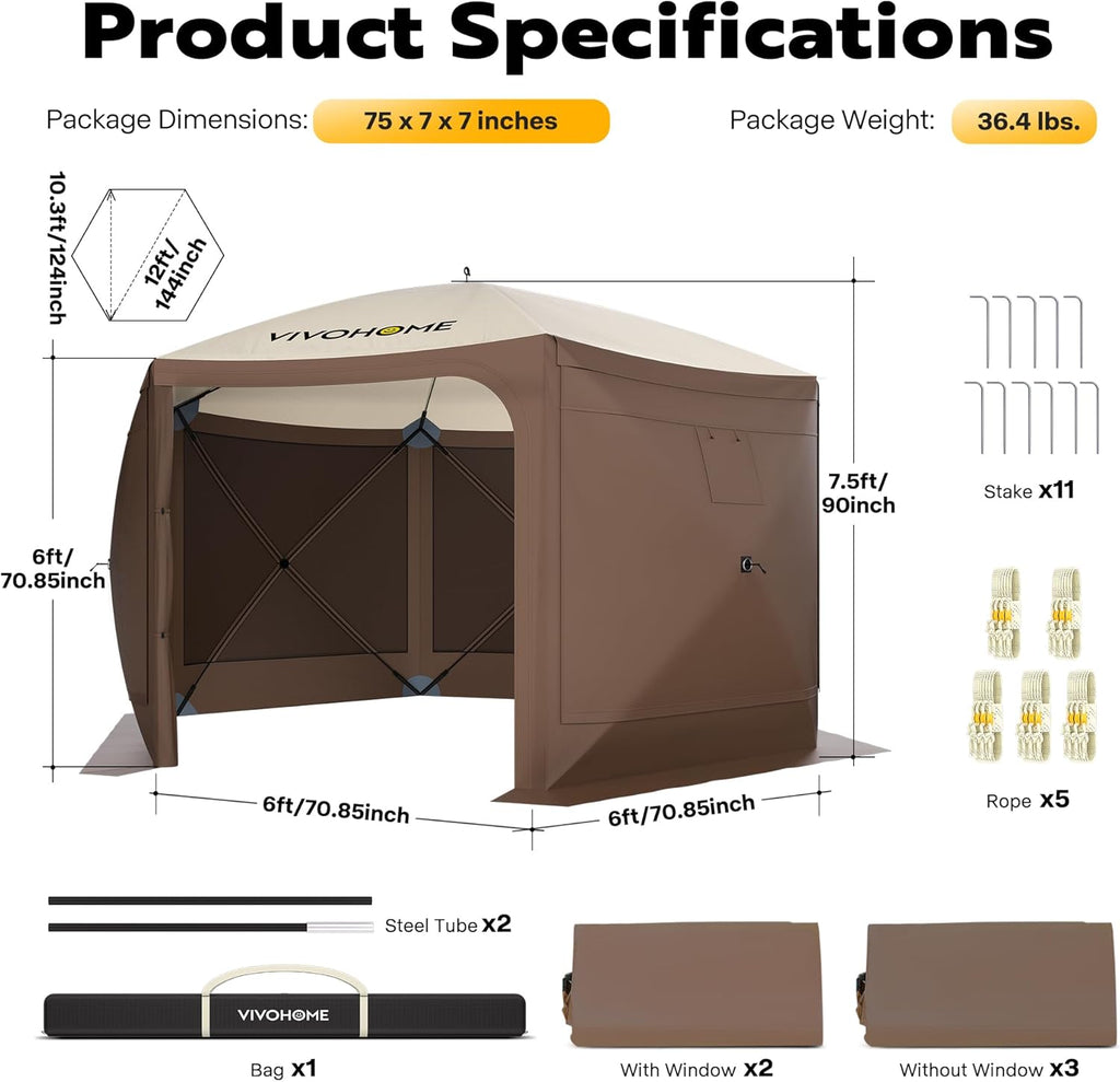 12x12ft Pop-Up Gazebo Screen Tent with Mosquito Netting T4589