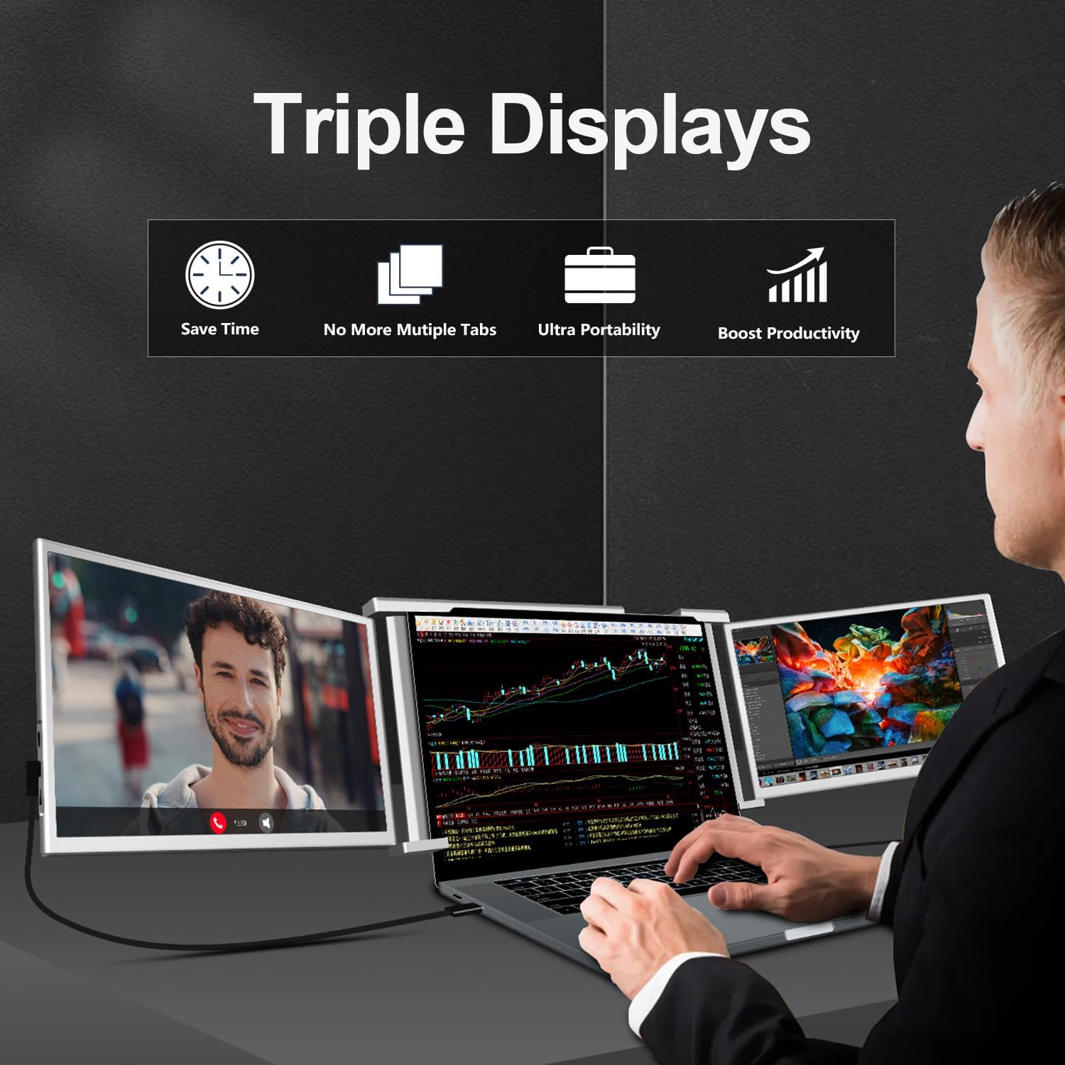 14" Triple Laptop Screen Extender FHD 1080P IPS Portable Monitor Gray K287433