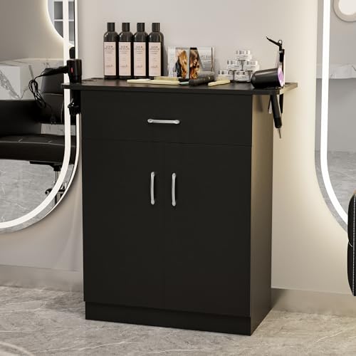 Black Wall Mount Salon Storage Station Barber Cabinet with Drawer and 2 doors, 6 Hair Dryer Holders W4289