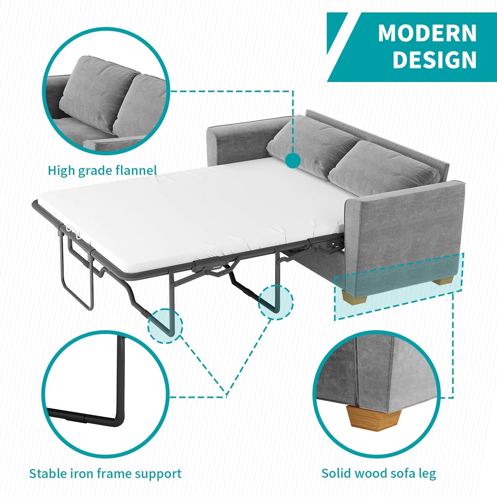 Grey Velvet Full Size Pull Out Sofa Bed with Foam Mattress R6077