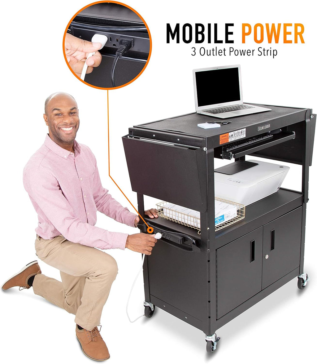 Large AV Cart with Locking Cabinet & Drop Leaves, Height Adjustable Utility Cart, Includes Pullout Keyboard Tray & Cord Management (54in x 18in x 42in / Black) Y6875