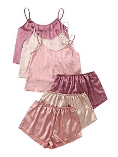 3 Sets Silk Satin Pajama Set Sleeveless V Neck Crop Cami Top and Shorts J31621