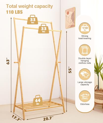 Bamboo Clothes Rack with Storage Shelf, Foldable Wardrobe Storage Rack (Natural) Z551579