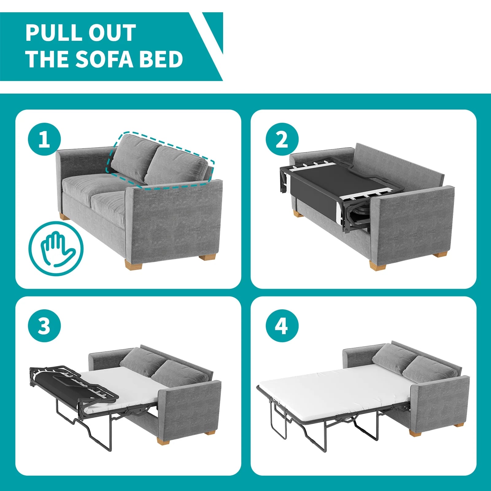 Grey Velvet Full Size Pull Out Sofa Bed with Foam Mattress R6077
