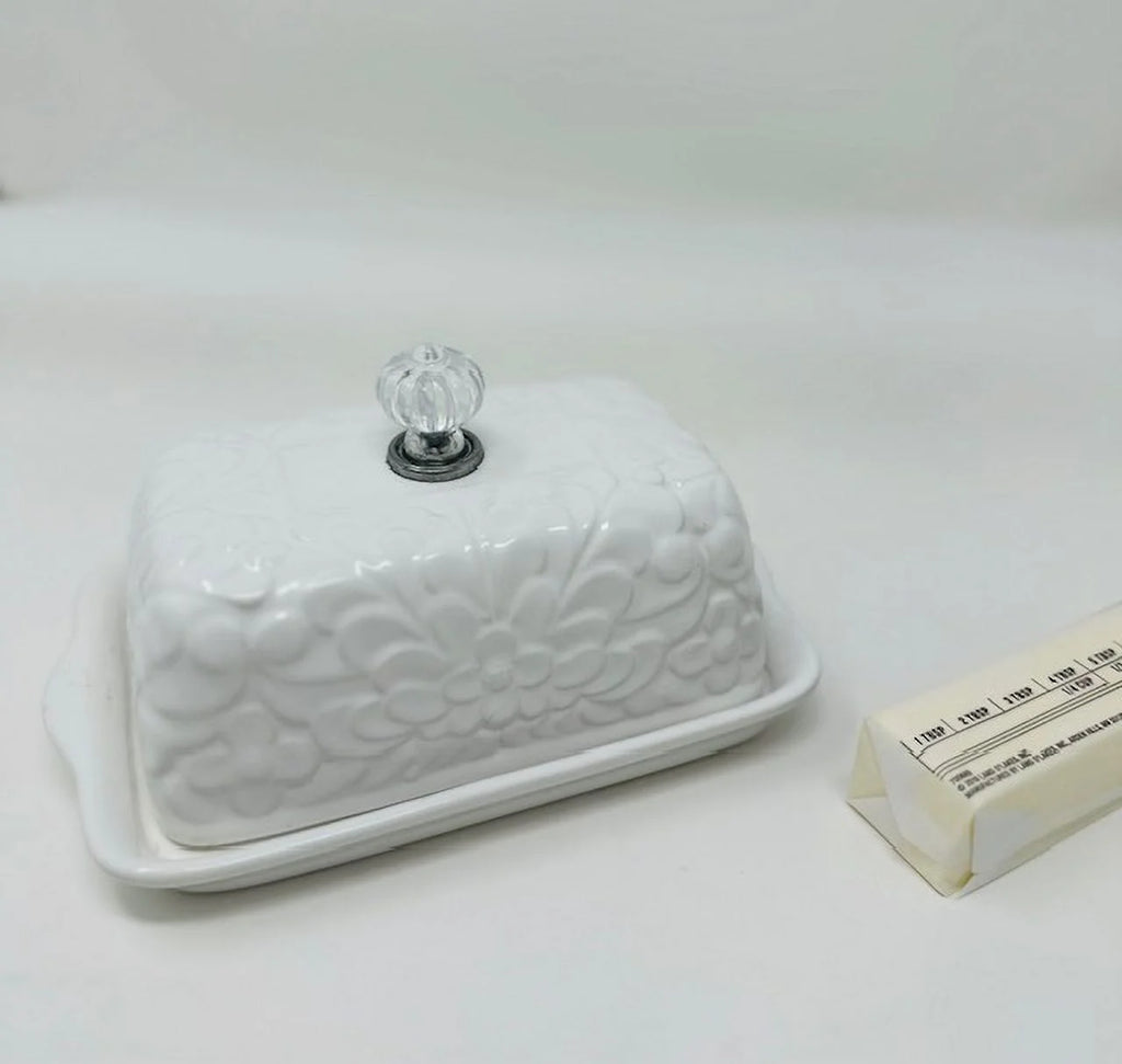 white floral butter dish with crystal knob S999