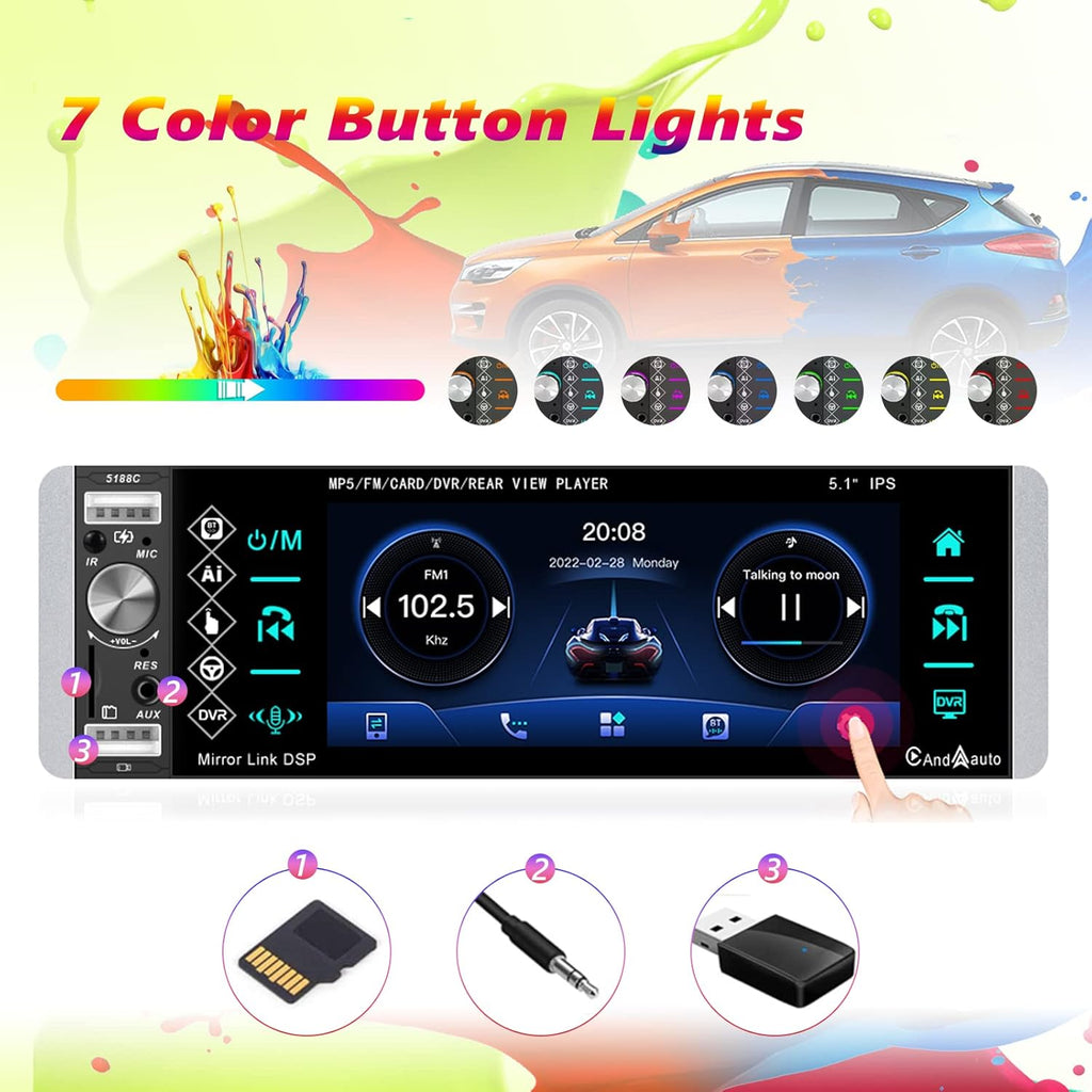 Single Din 5.1 Inch Touchscreen Car Stereo with Carplay Android Auto Bluetooth DVR FM RDS AM Tuner USB SD Aux SWC Microphone Backup Camera Q82685