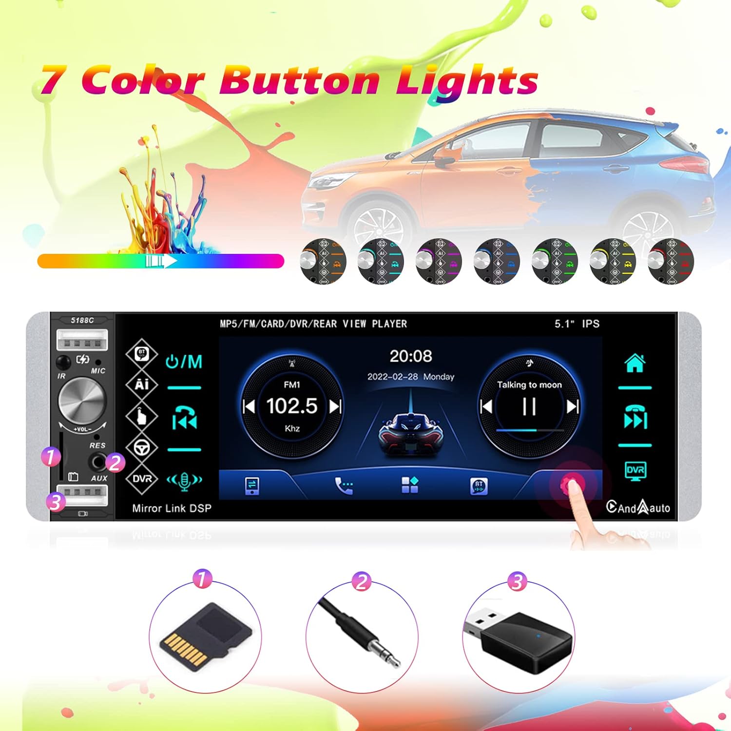 Single Din 5.1 Inch Touchscreen Car Stereo with Carplay Android Auto Bluetooth DVR FM RDS AM Tuner USB SD Aux SWC Microphone Backup Camera Q82685