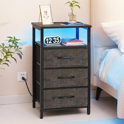 Grey Nightstand with 3 Fabric Drawers and Charging Station C832