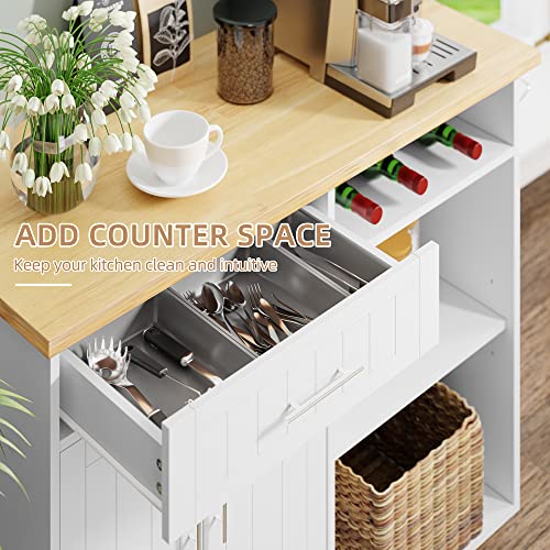 White Kitchen Island with Drop Leaf and Storage on Wheels Y749274