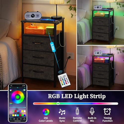 Grey Nightstand with 3 Fabric Drawers and Charging Station C832