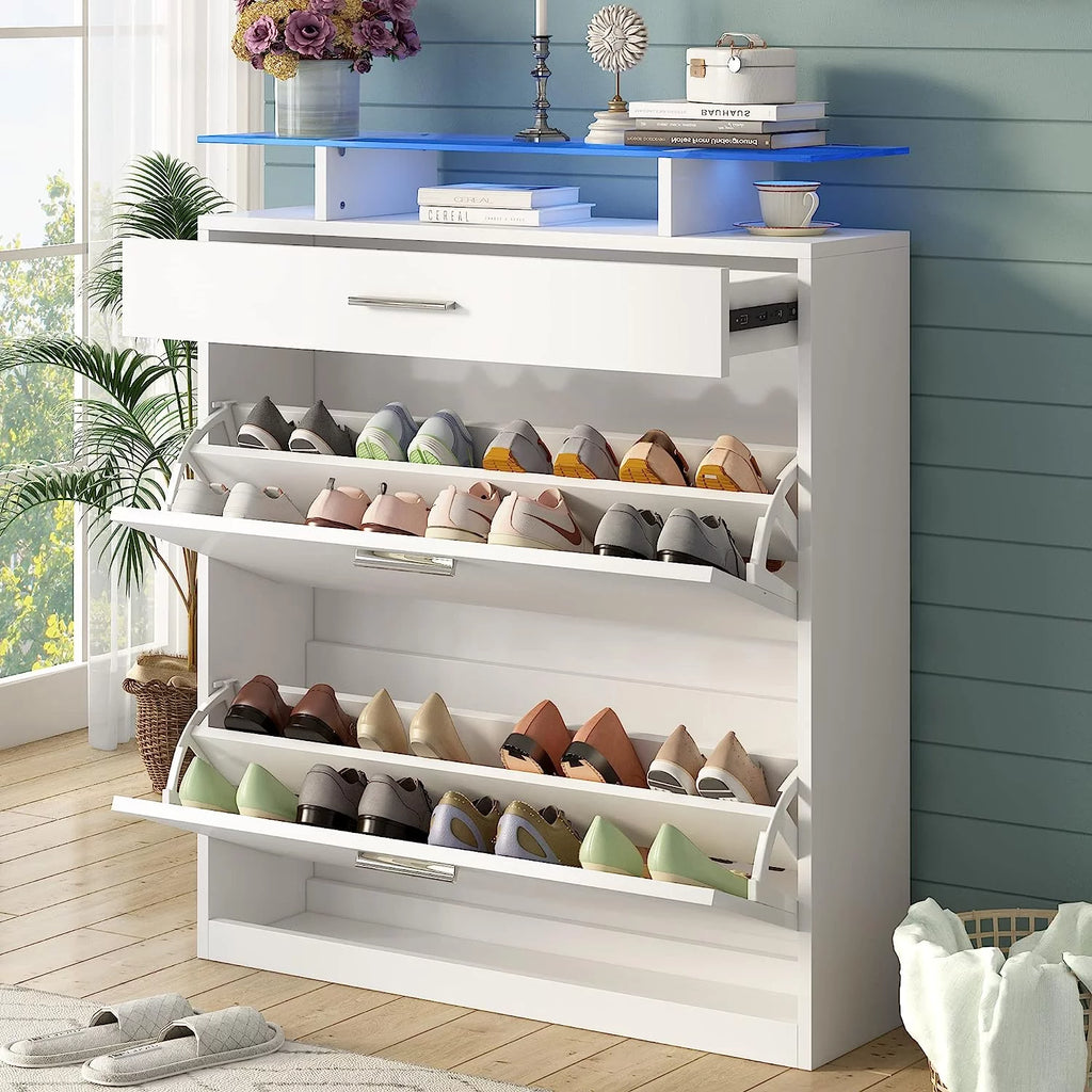 Black Slim Shoe Cabinet with 2 Flip Drawers and Tempered Glass Top G577