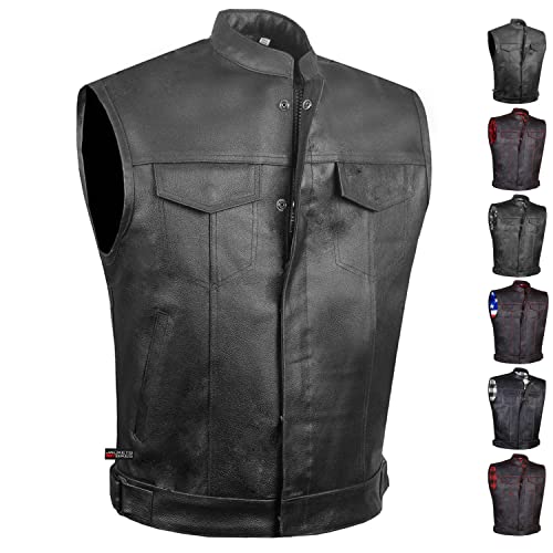 Men's Leather Motorcycle Biker Vest with Armor O288