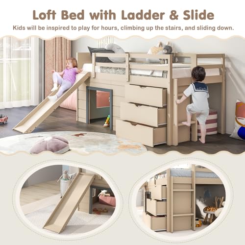 Twin Low Loft Bed with 3 Storage Drawers, Wood Loft Bed with Slide, Ladder, Guardrails E140607