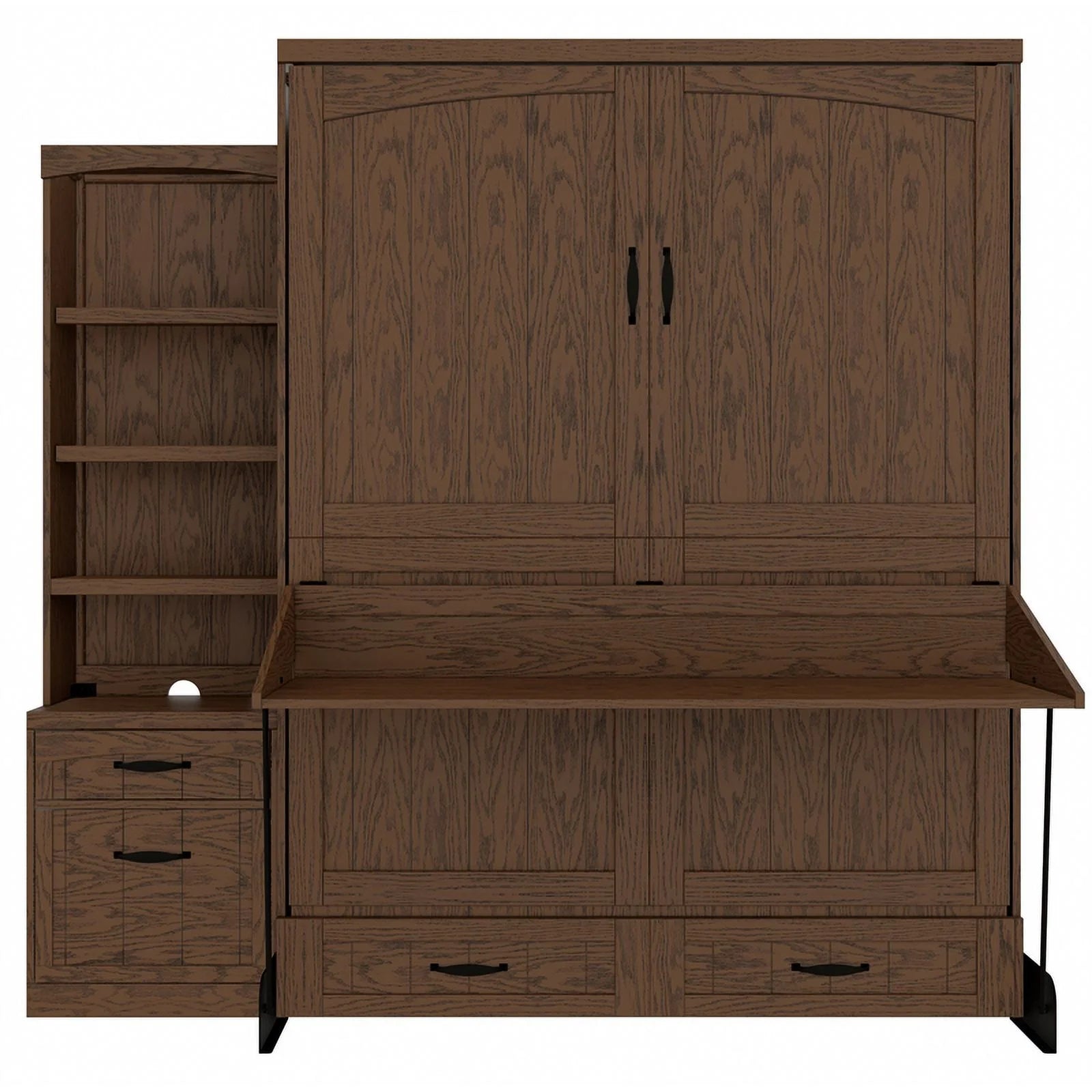 Brown Wood Queen Murphy Wall Desk Bed with Shelf Storage Y315