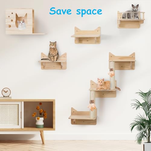 9-Piece Wall-Mounted Cat Shelves Set with 2 Sisal Scratching Posts A24540