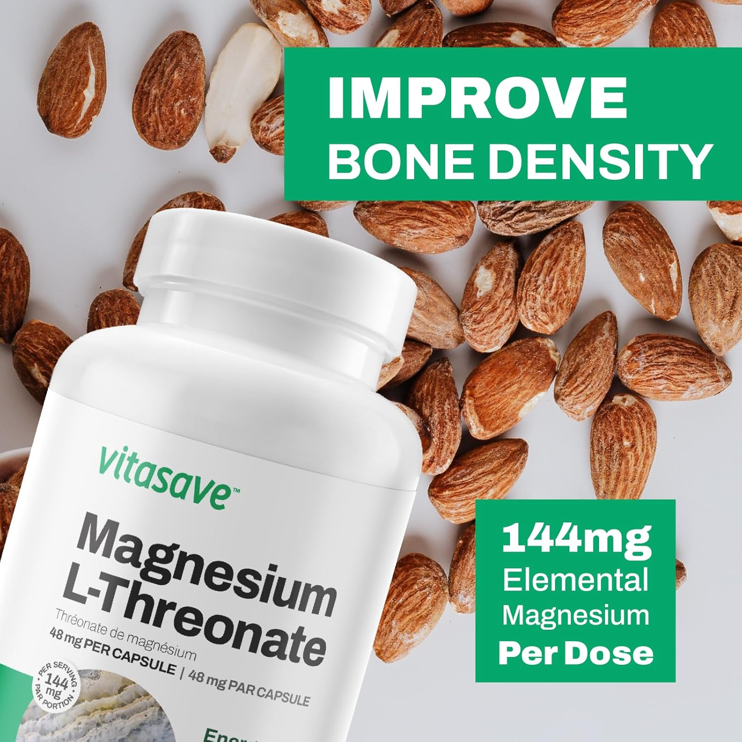 120 Capsules Magnesium L-Threonate, 144mg Elemental Magnesium, Non-GMO B897626
