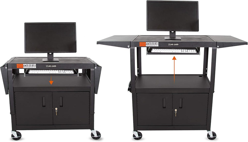 Large AV Cart with Locking Cabinet & Drop Leaves, Height Adjustable Utility Cart, Includes Pullout Keyboard Tray & Cord Management (54in x 18in x 42in / Black) Y6875