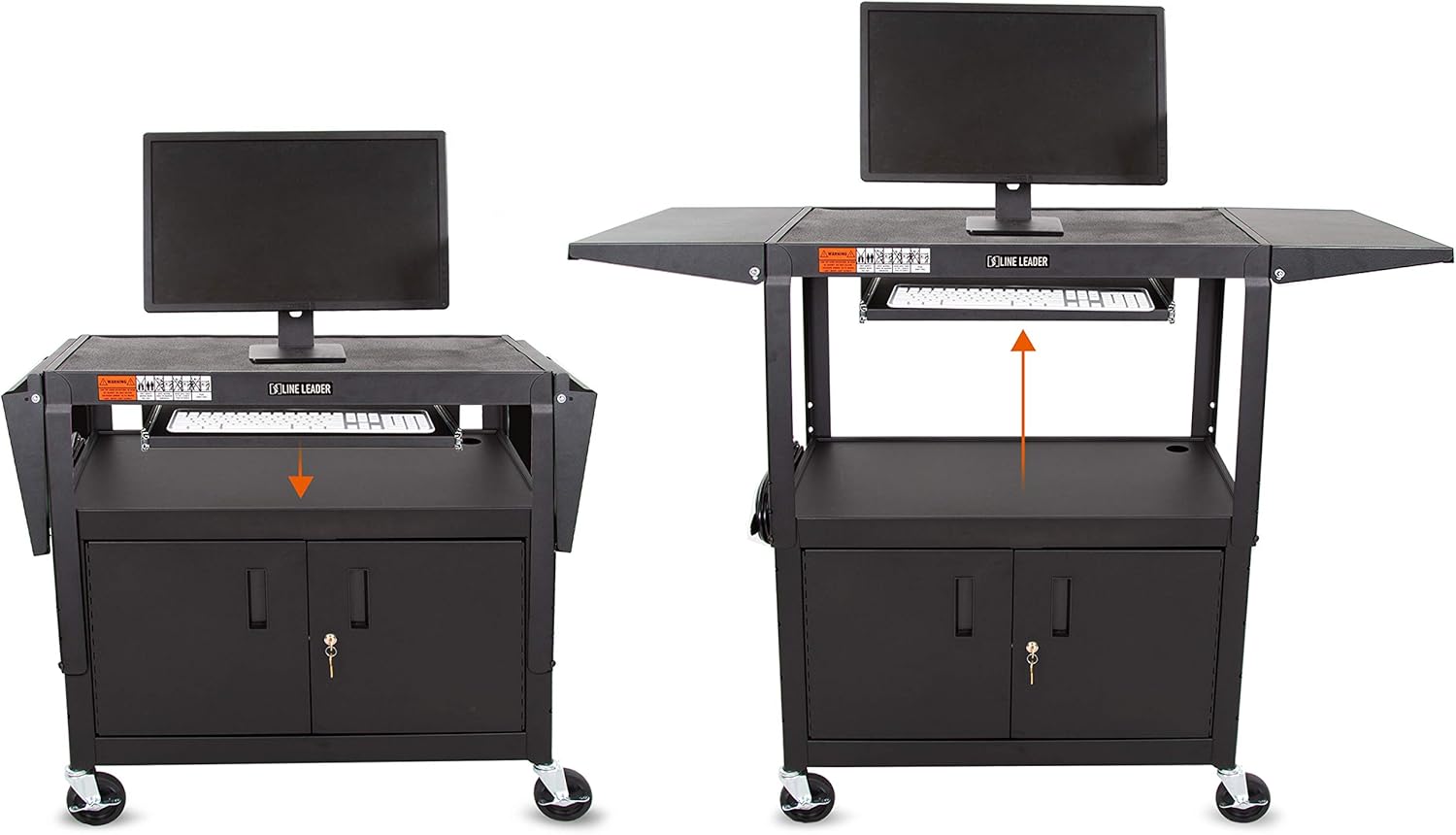 Large AV Cart with Locking Cabinet & Drop Leaves, Height Adjustable Utility Cart, Includes Pullout Keyboard Tray & Cord Management (54in x 18in x 42in / Black) Y6875