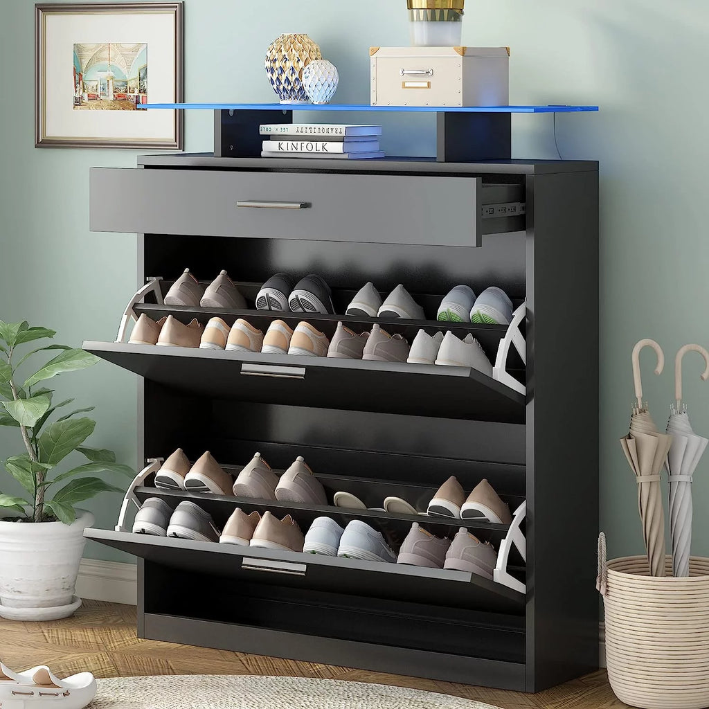 Black Slim Shoe Cabinet with 2 Flip Drawers and Tempered Glass Top G577