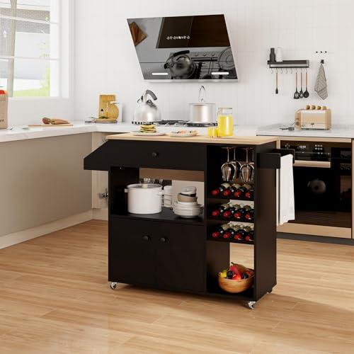 Rolling Kitchen Island Cart with Drop Leaf, Power Outlet, Spice Rack, 12 Wine Rack, Drawer, Storage Cabinet, Rustic Brown M132