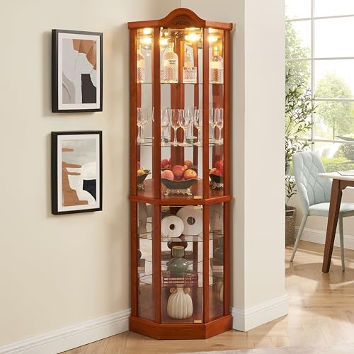 Corner China Cabinet with Glass Doors and Tempered Adjustable Glass Shelves T8907