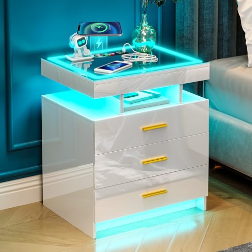Black LED Nightstand with 3 Drawers and Wireless Charging D589