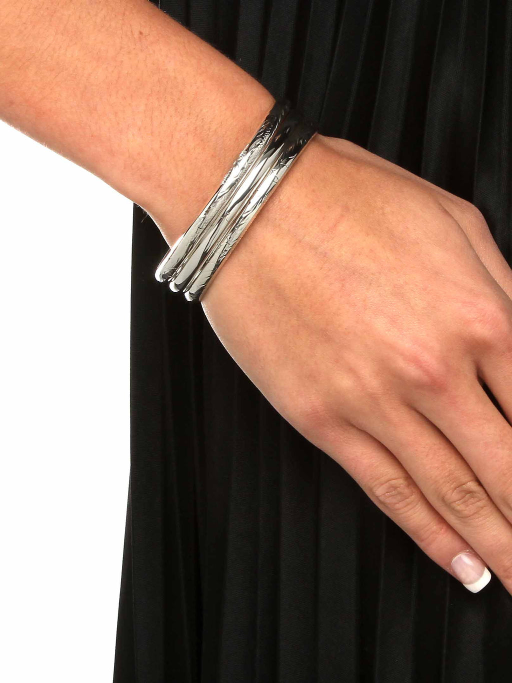 Polished Engraved Floral Three-Piece Bangle Set in Yellow Gold-Plated or Sterling Silver L362