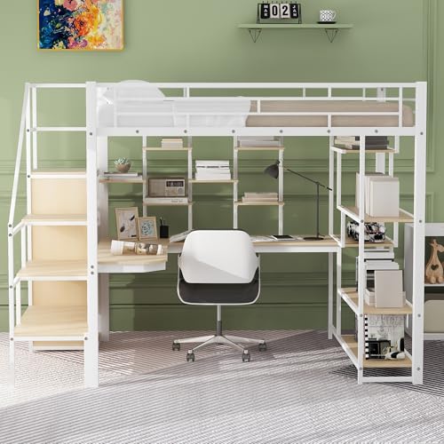 Black Full Size Metal Loft Bed with Storage Staircase and Wardrobe B788211