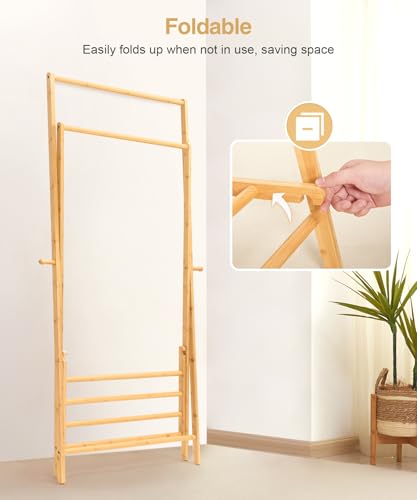 Bamboo Clothes Rack with Storage Shelf, Foldable Wardrobe Storage Rack (Natural) Z551579