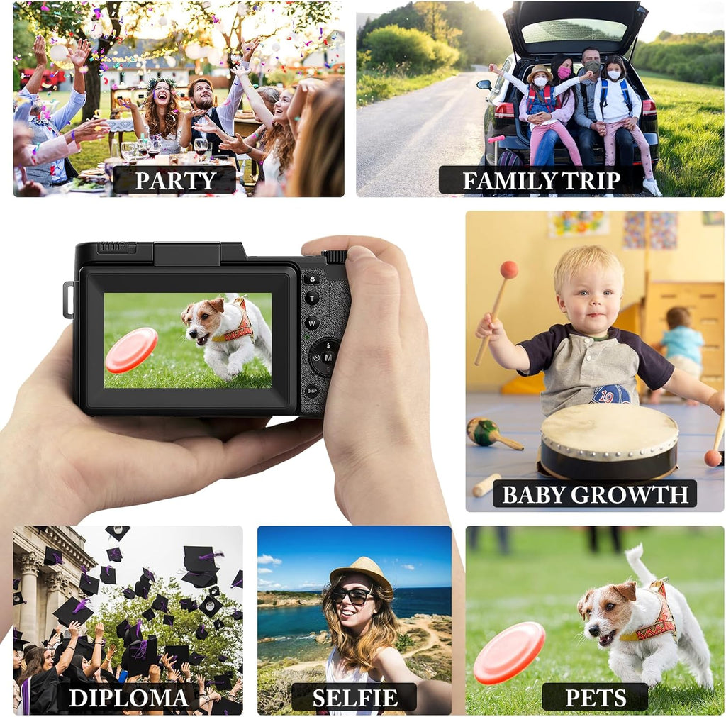 48MP 4K Digital Camera with 16X Digital Zoom Macro Camera, 3’’180°Flip Screen Compact Video Camera with Liftable Flash, SD Card&2 Batteries O308637