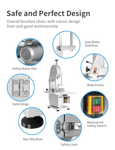 1500W Electric Bone Saw Machine, 0.8-5.9 Inch Cutting Thickness, 2.6HP Frozen Meat Cutter 110V Commercial Bandsaw Machine, 20x15in Table Sawing, 6 Saw Blades I9750