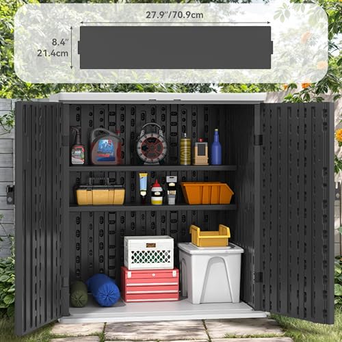 Outdoor Storage Cabinet with 2 Shelves, Waterproof Resin Lockable 15 cu. ft. Storage Shed, Dark Gray P176324