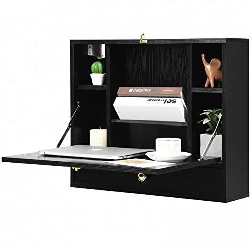 Black Wall Mounted Floating Desk with Drawer & Shelves P60923