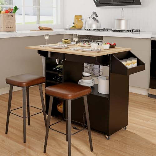 Rolling Kitchen Island Cart with Drop Leaf, Power Outlet, Spice Rack, 12 Wine Rack, Drawer, Storage Cabinet, Rustic Brown M132