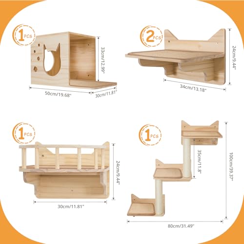9-Piece Wall-Mounted Cat Shelves Set with 2 Sisal Scratching Posts A24540