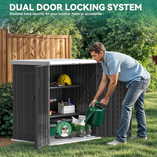 Outdoor Storage Cabinet with 2 Shelves, Waterproof Resin Lockable 15 cu. ft. Storage Shed, Dark Gray P176324