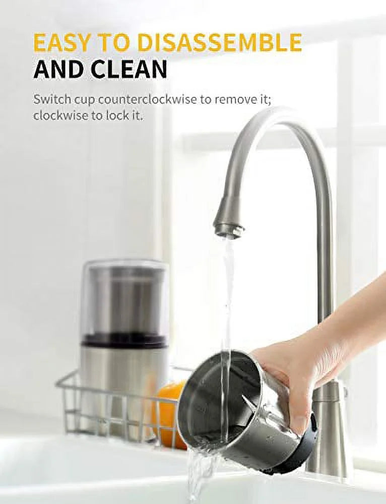 Silver Electric Coffee Grinder with 2 Removable Stainless Steel Bowls J898